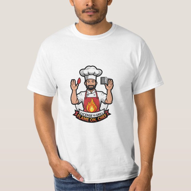 Grill-Lizenz - Flamme On, Koch Cartoon T-Shirt (Vorderseite)