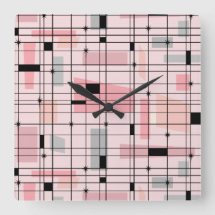 Grille rose rétro et Starburts Carré Horloge mural