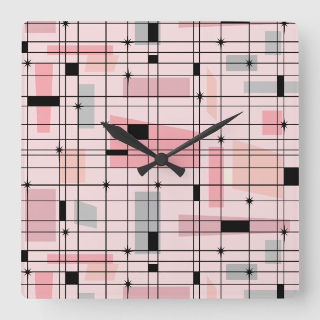 Grille rose rétro et Starburts Carré Horloge mural (Recto)