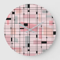 Grille rose rétro et Starburts Horloge ronde