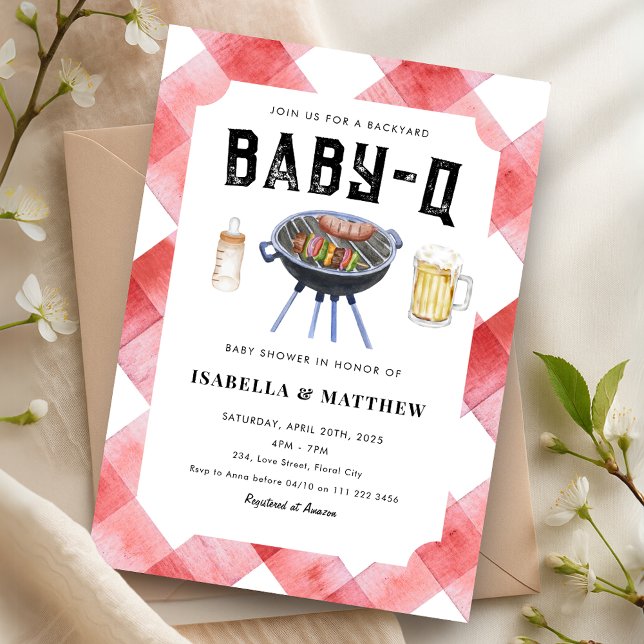 GRILLEN Baby Shower Red Gingham Baby-Q Einladung (BBQ Baby Shower Red Gingham Baby Q Invitation)
