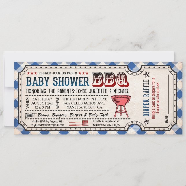 GRILLEN Baby Shower Ticket Diaper Einladungen (Vorderseite)
