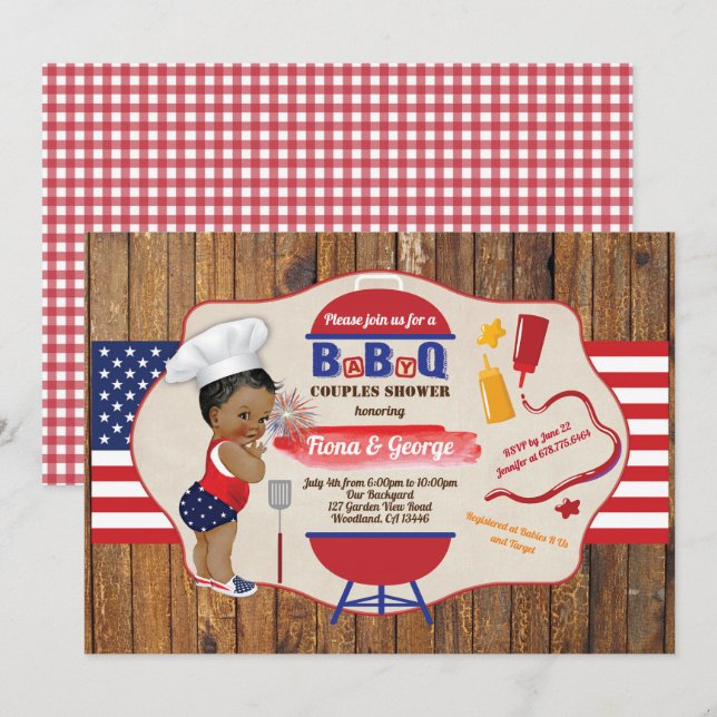 GRILLEN BaByQ Babydusche 4. Juli Einladung (Vorne/Hinten)