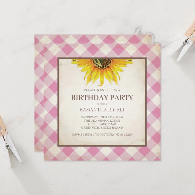 GRILLEN Birthday Pink Gingham Print Einladung (Vorderseite/Rückseite Beispiel)