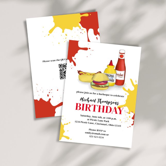 GRILLEN Birthday Typografy Summer Cookie Einladung (Birthday invitation with hamburger, hotdog, ketchup, and mustard. With a scannable QR Code. )