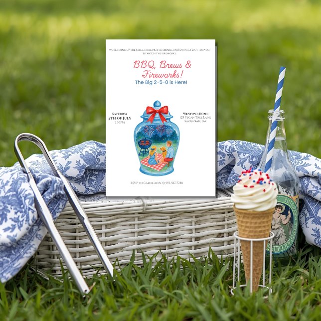 GRILLEN, Brews, Fireworks Ginger Jar 4. Juli Einladung (A soft, natural light front-view of a 5x7 blank "BBQ, Brews & Fireworks" invitation standing upright)