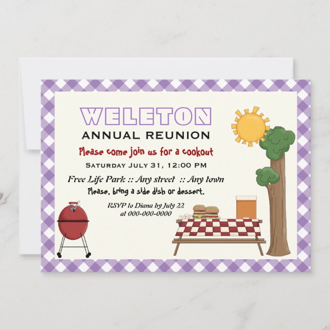 GRILLEN Cookout family Wiedersehen, lila Gingham b Einladung (Vorderseite)