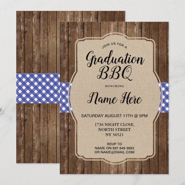 Grillen der Graduierungspartei Invite Blue Gingham Einladung (Vorne/Hinten)