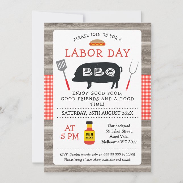 Grillen des Wood Red Kariert Pig Labour Day Einladung (Vorderseite)