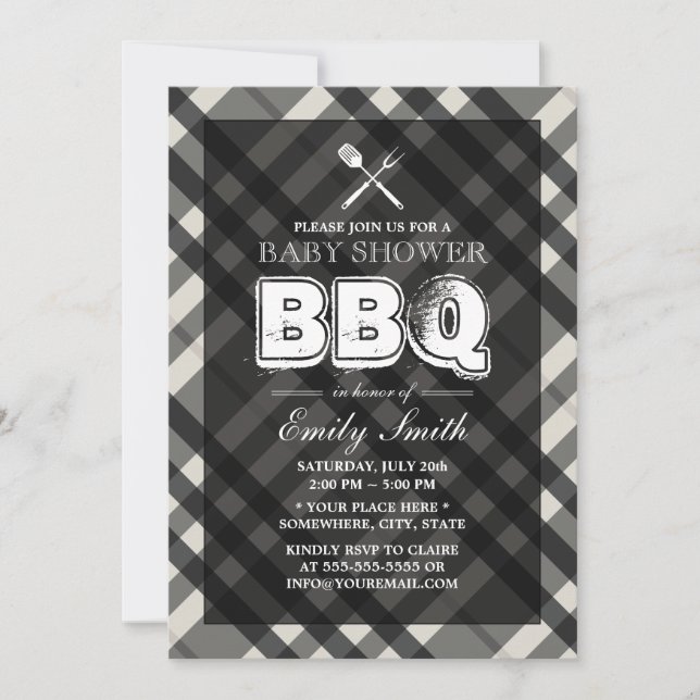 GRILLEN Elegant Gray Kariert Baby Shower Einladung (Vorderseite)