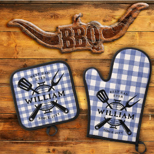 Grillen Grill Blue Gingham: Bester Vater je Vatert Ofenhandschuh & Topflappen-Set