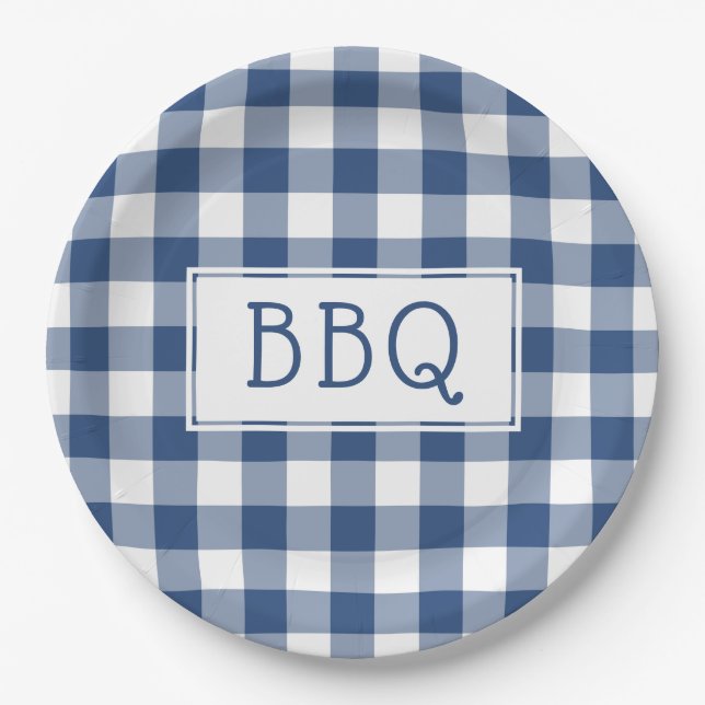 Grillen-Party für blaue und weiße Gingham-Muster Pappteller (Vorderseite)