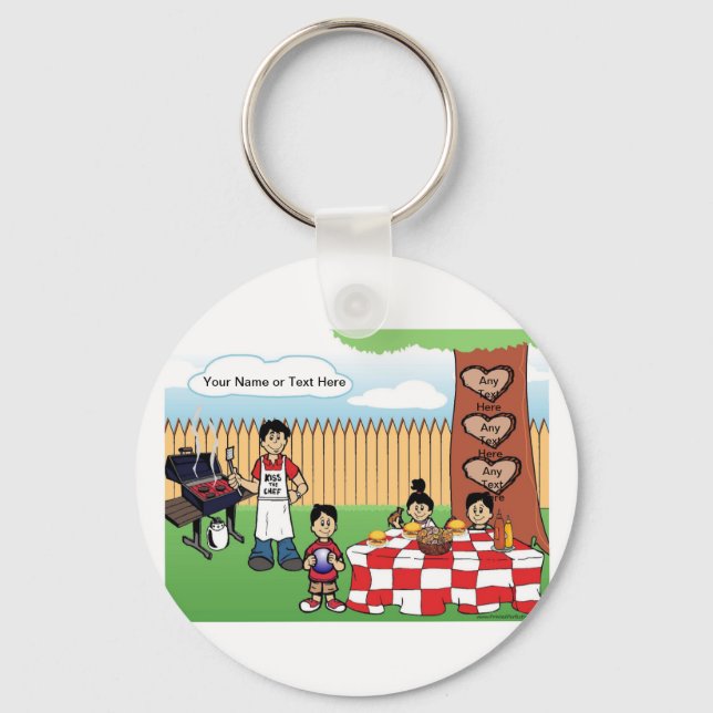 Grillen, Single Vater, 2 Jungen, 1 Cartoon Schlüsselanhänger (Vorderseite)