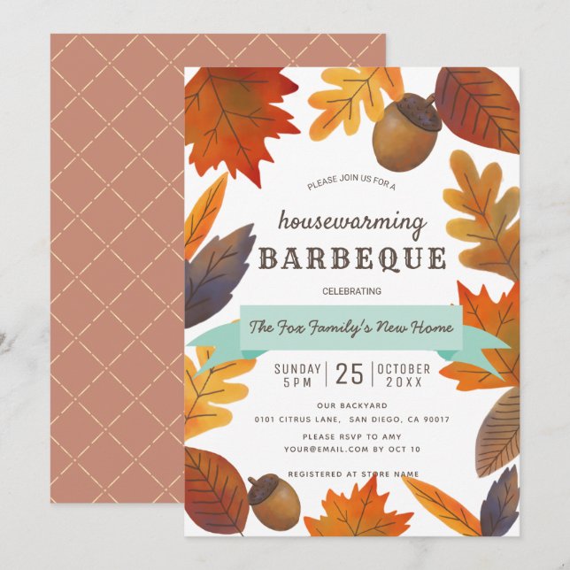 Grillen über den Herbstausgang Brown Housewarming Einladung (Vorne/Hinten)
