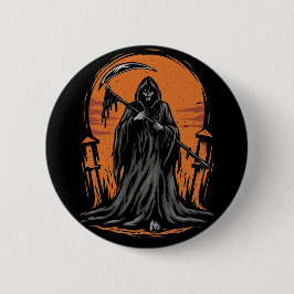 Grim Reaper Cartoon in Sunset Graveyard Button