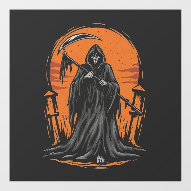 Grim Reaper Cartoon in Sunset Graveyard Fensteraufkleber (Blatt)