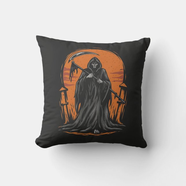 Grim Reaper Cartoon in Sunset Graveyard Kissen (Vorderseite)