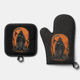 Grim Reaper Cartoon in Sunset Graveyard Ofenhandschuh & Topflappen-Set