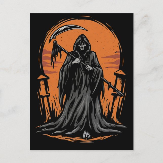 Grim Reaper Cartoon in Sunset Graveyard Postkarte (Vorderseite)