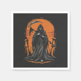 Grim Reaper Cartoon in Sunset Graveyard Serviette