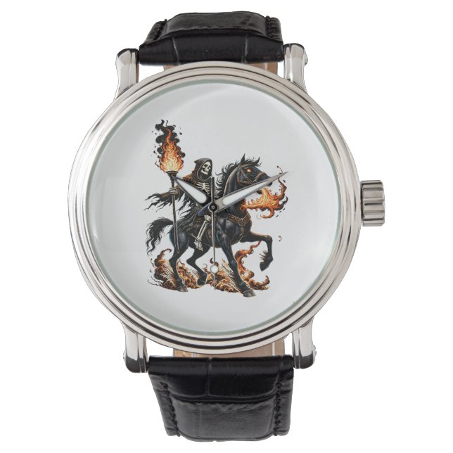 Grim Sensenmann Skeleton Reiten Reiten Flammen Armbanduhr (Vorderseite)