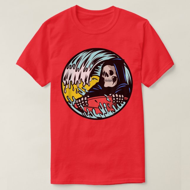 Grim Sensenmann Skeleton Surfing  T-Shirt (Design vorne)