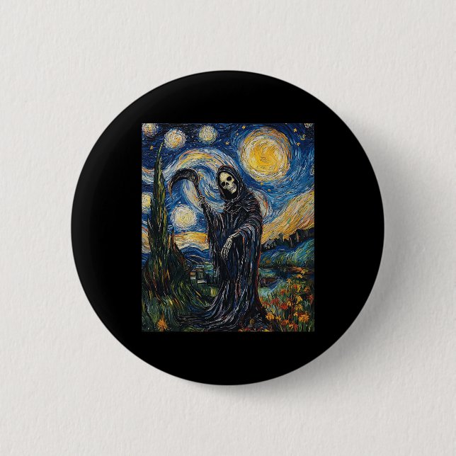Grim Sensenmann Skeleton - Van Gogh Style - Starry Button (Vorderseite)