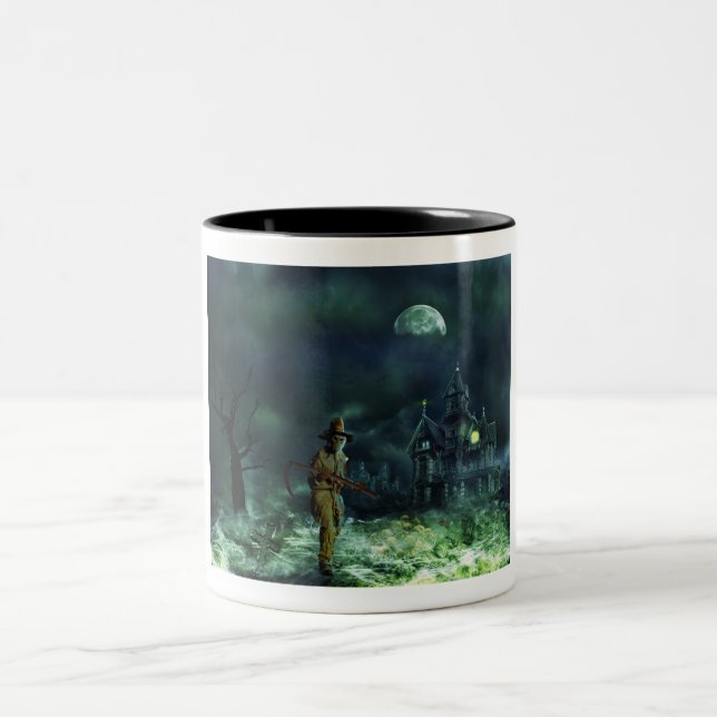 Grimischer Halloween-Sensenmann und Spuk Haus Zweifarbige Tasse (Mittel)