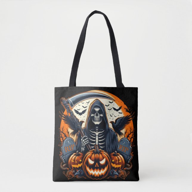 Grimischer Sensenmann Friedhof Spooky Pumpkins Hal Tasche (Vorderseite)