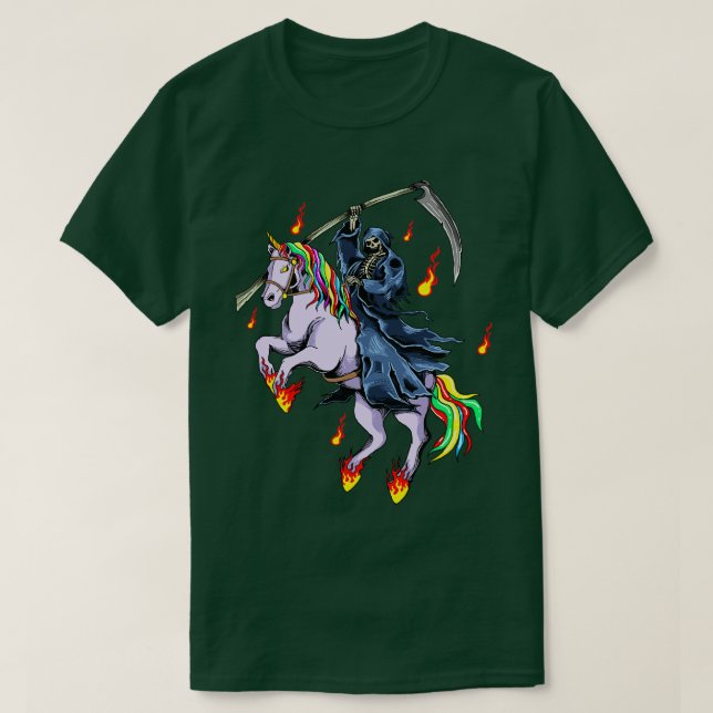 Grimischer Sensenmann mit Einhornfeuer T-Shirt (Design vorne)