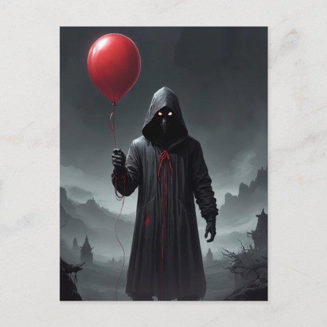 Grimischer Sensenmann und Roter Ballon Einladungspostkarte (Vorderseite)