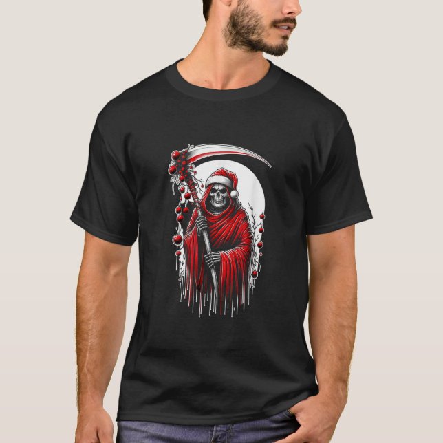 Grimischer Sensenmann Weihnachtsmannmütze T-Shirt  (Vorderseite)