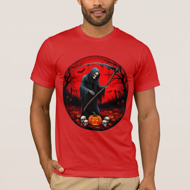 Grimmige Sensenmann-Szene mit rotem Hintergrund T-Shirt (Vorderseite)
