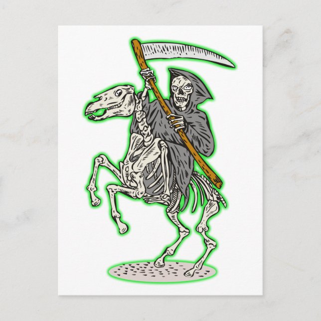grimmiger Sensenmann auf dem Pferd mit dem Schwanz Postkarte (Vorderseite)