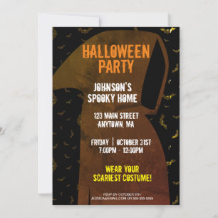 Grimmiger Sensenmann, der zu Halloween Fledermäuse Einladung