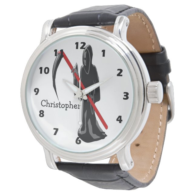 Grimmiger Sensenmann-Design nur Namen hinzufügen Armbanduhr (Schrägansicht)