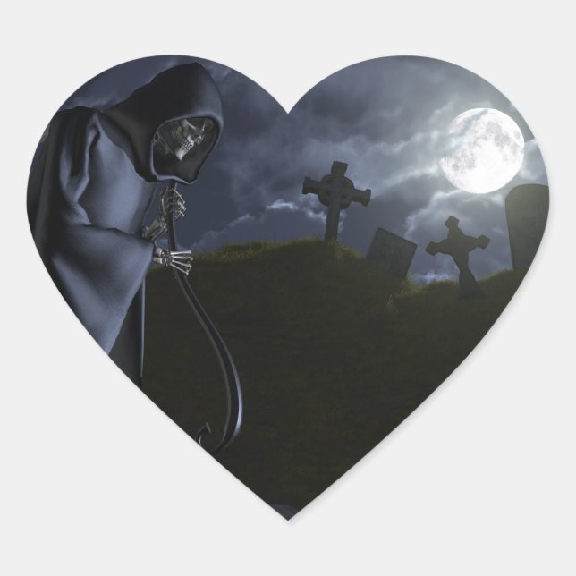 Grimmiger Sensenmann im Büro Herz-Aufkleber (Vorderseite)