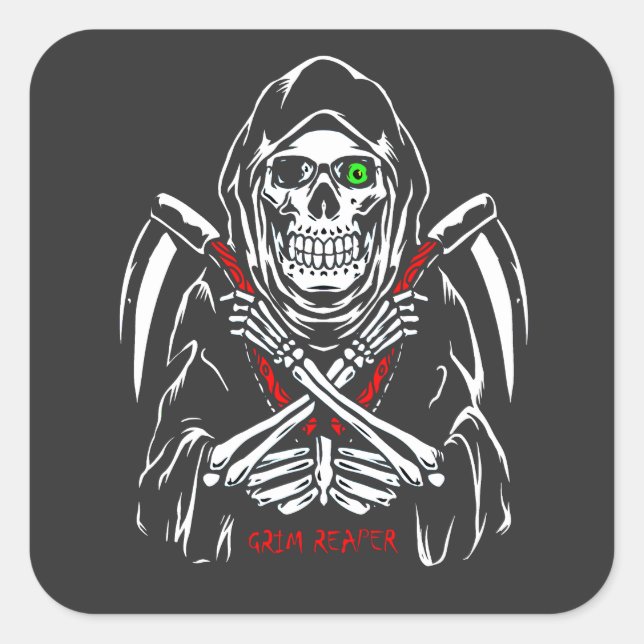 Grimmiger Sensenmann Scythe Death Skelettknochen H Quadratischer Aufkleber (Vorderseite)