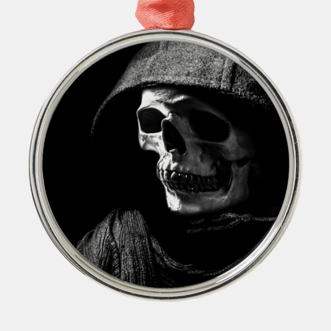Grimmiger Sensenmann Skull Silbernes Ornament (Vorne)