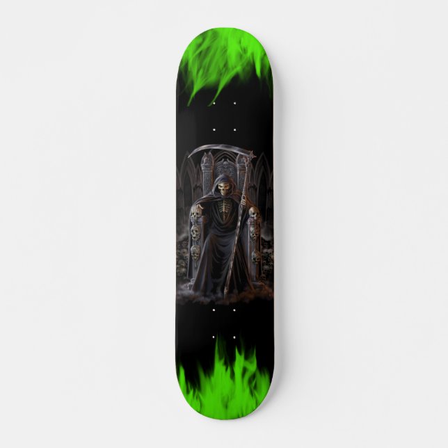 Grimmiger SensenmannSkateboard mit grünen Flammen Skateboard (Vorne)