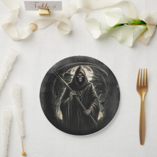 Grimmiges Sensenmann Black Grunge Halloween Kostüm Pappteller
