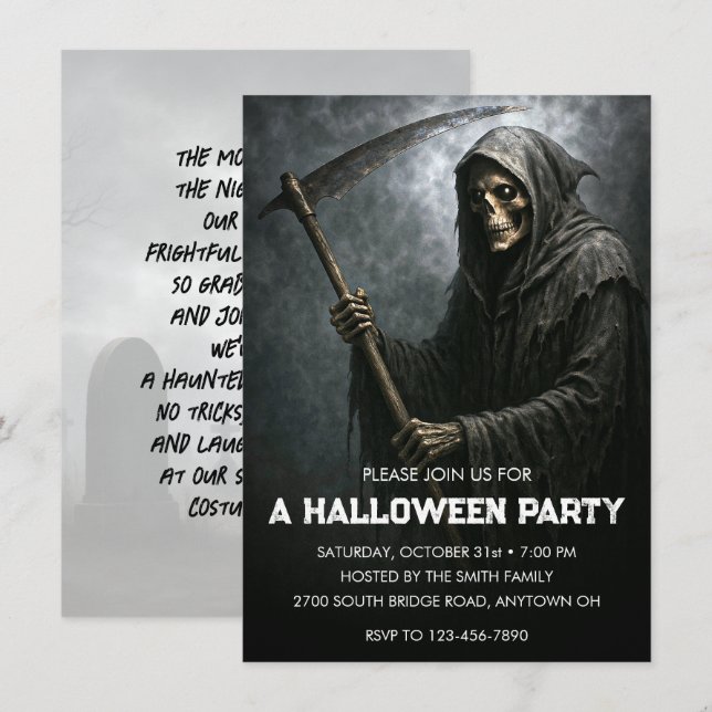 Grimmiges Sensenmann Halloween-Party Einladung (Vorne/Hinten)
