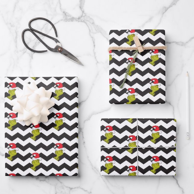 Grinch | Black & White Holiday Chevron Pattern Geschenkpapier Set (Vorderseite)