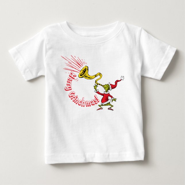 Grinch Blowing the Merry Grinchmas Horn Baby T-shirt (Vorderseite)