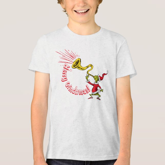 Grinch Blowing the Merry Grinchmas Horn Tri-Blend Shirt (Vorderseite)
