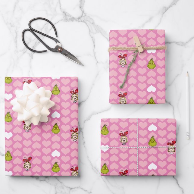 Grinch & Cindy-Lou Pink Heart Pattern Geschenkpapier Set (Vorderseite)