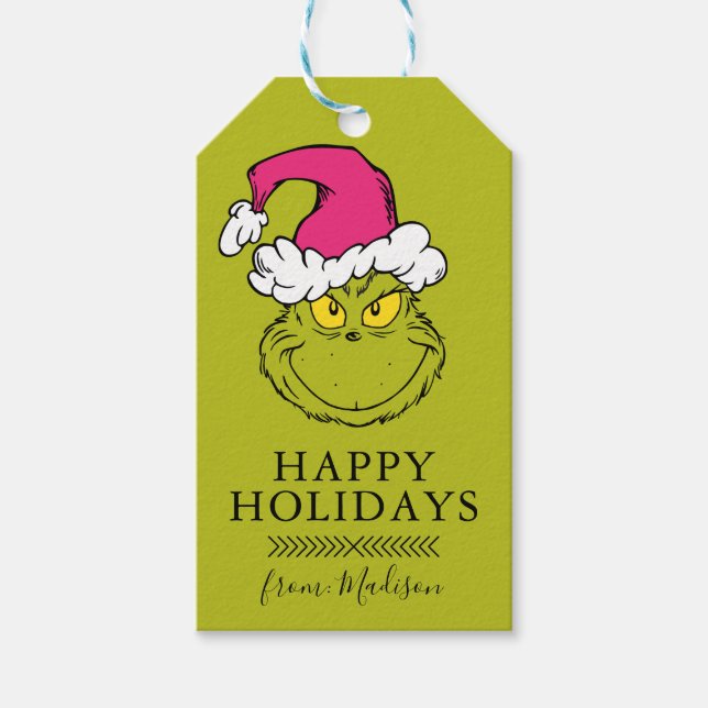 Grinch mit rosa Santa-Hut Geschenkanhänger (Vorderseite)