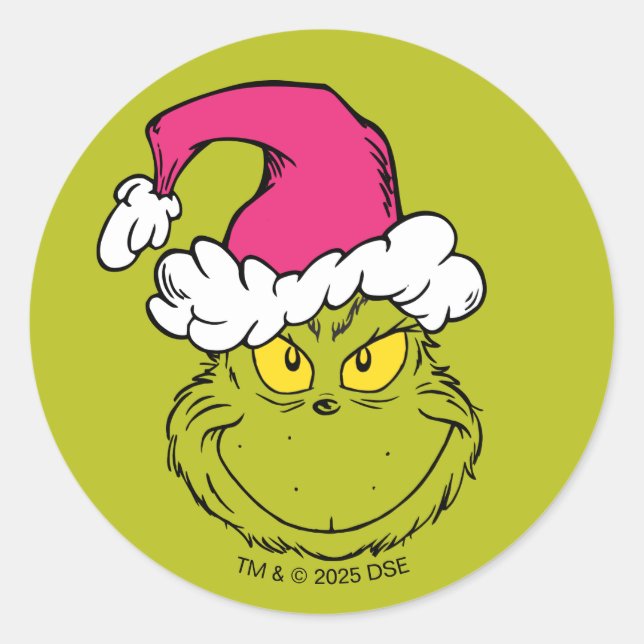 Grinch mit rosa Santa-Hut Runder Aufkleber (Vorderseite)