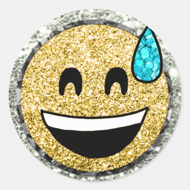 *~* Grinning Face Sweat Emoji AP40 Gold Glitzer Runder Aufkleber (Vorderseite)