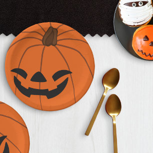 Grinning Orange Carved Pumpkin Halloween-Party Pappteller